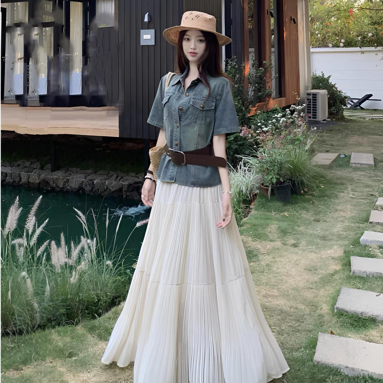 【金允诗专属】复古蓝色polo领短袖牛仔外套开衫上衣+重工压褶裙