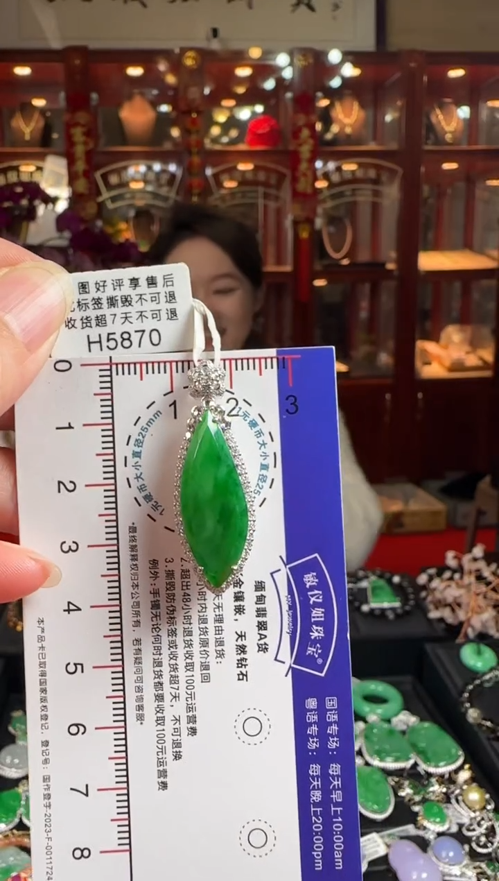 【闪购商品】翡翠颈饰18K金镶嵌H5870辣绿滴水