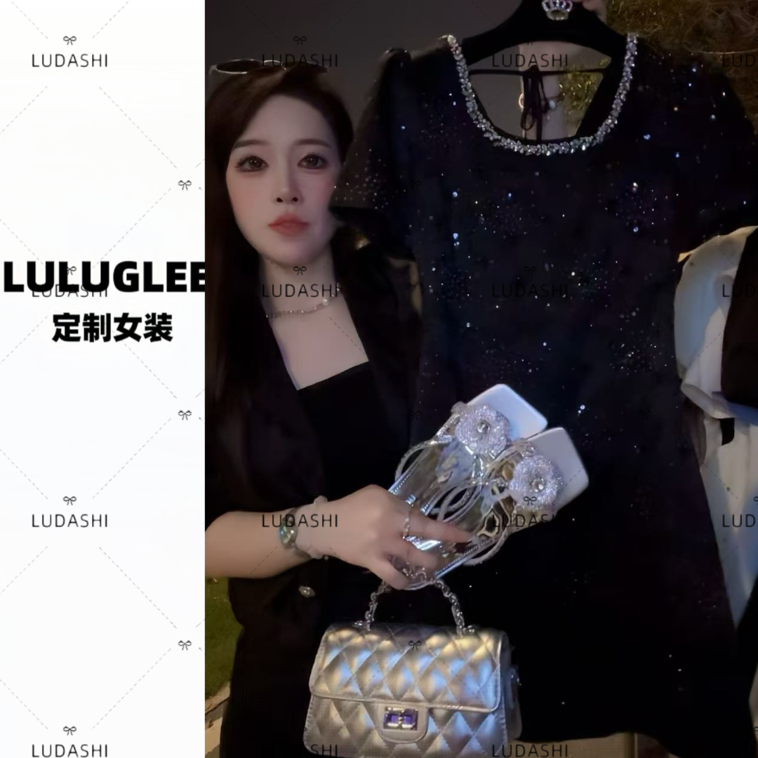 小香风连衣裙气质V领显瘦2025夏季新款名媛气质高级感钉珠小黑裙