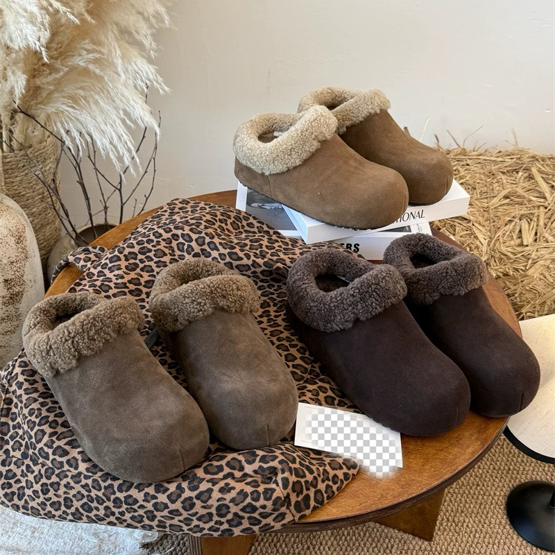 XK韩系2025新款毛毛包头拖鞋女外穿厚底增高勃肯鞋一脚蹬雪地靴