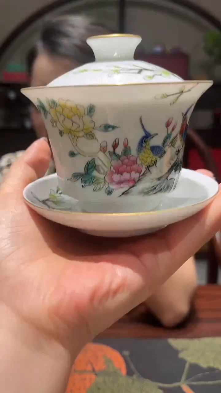 摆件景德镇粉彩扒花三才盖碗