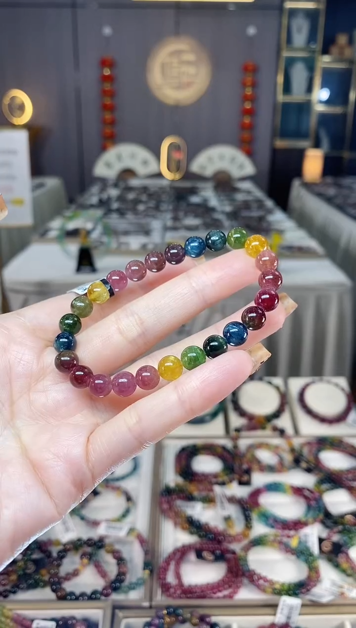 未镶嵌老矿碧玺色标彩虹单圈手串7mm+碧玺dan多样性发货一条