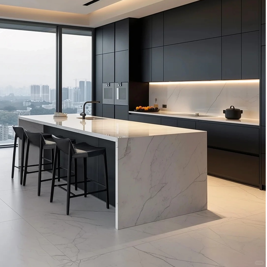 岩层现代轻奢多功能全岩板开放式厨房中岛台餐桌导台餐桌岛台一体