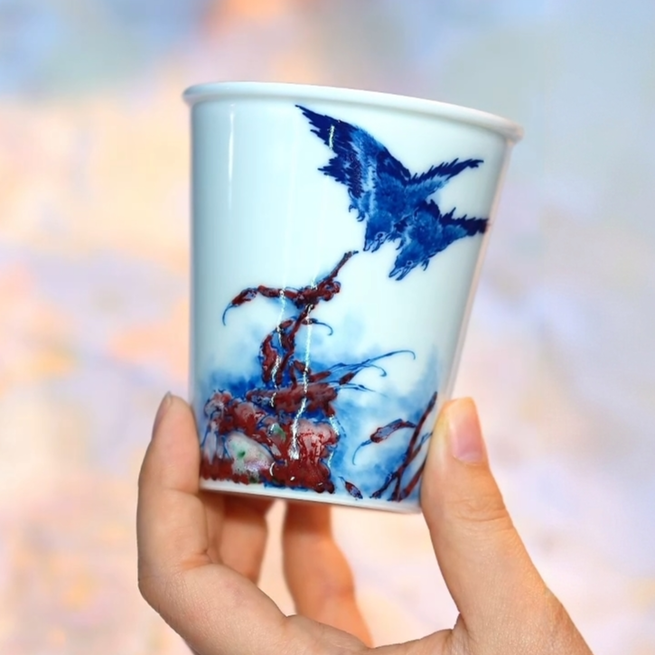【寒山窑】青花釉里红双雁可乐杯