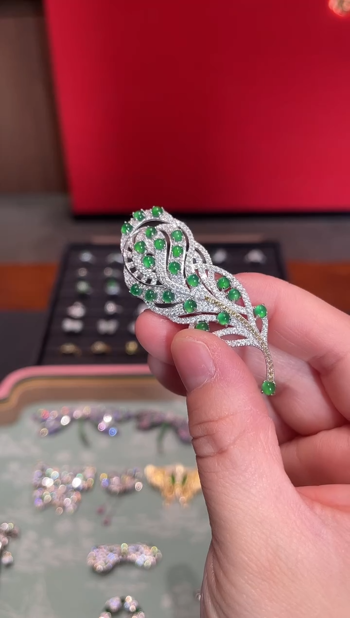 银S925镶嵌翡翠耳饰羽毛胸针