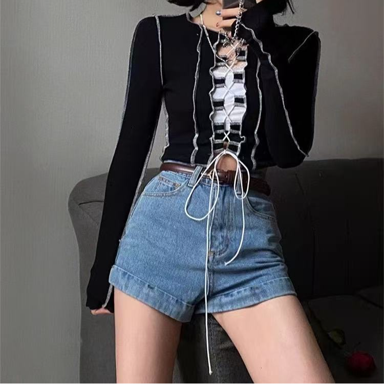 抽绳短款黑色设计感绑带性感内搭T恤女春秋紧身长袖辣妹百搭上衣
