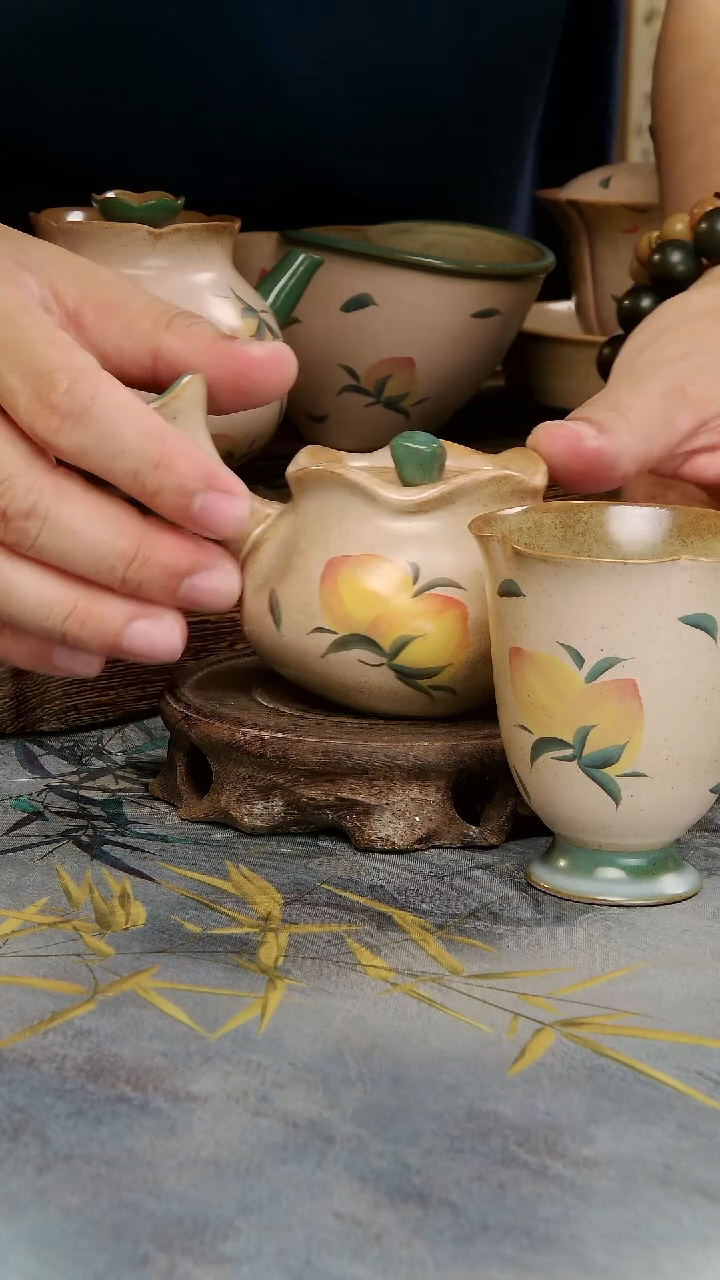 亘古茶具柴烧精品@手绘桃花2件套