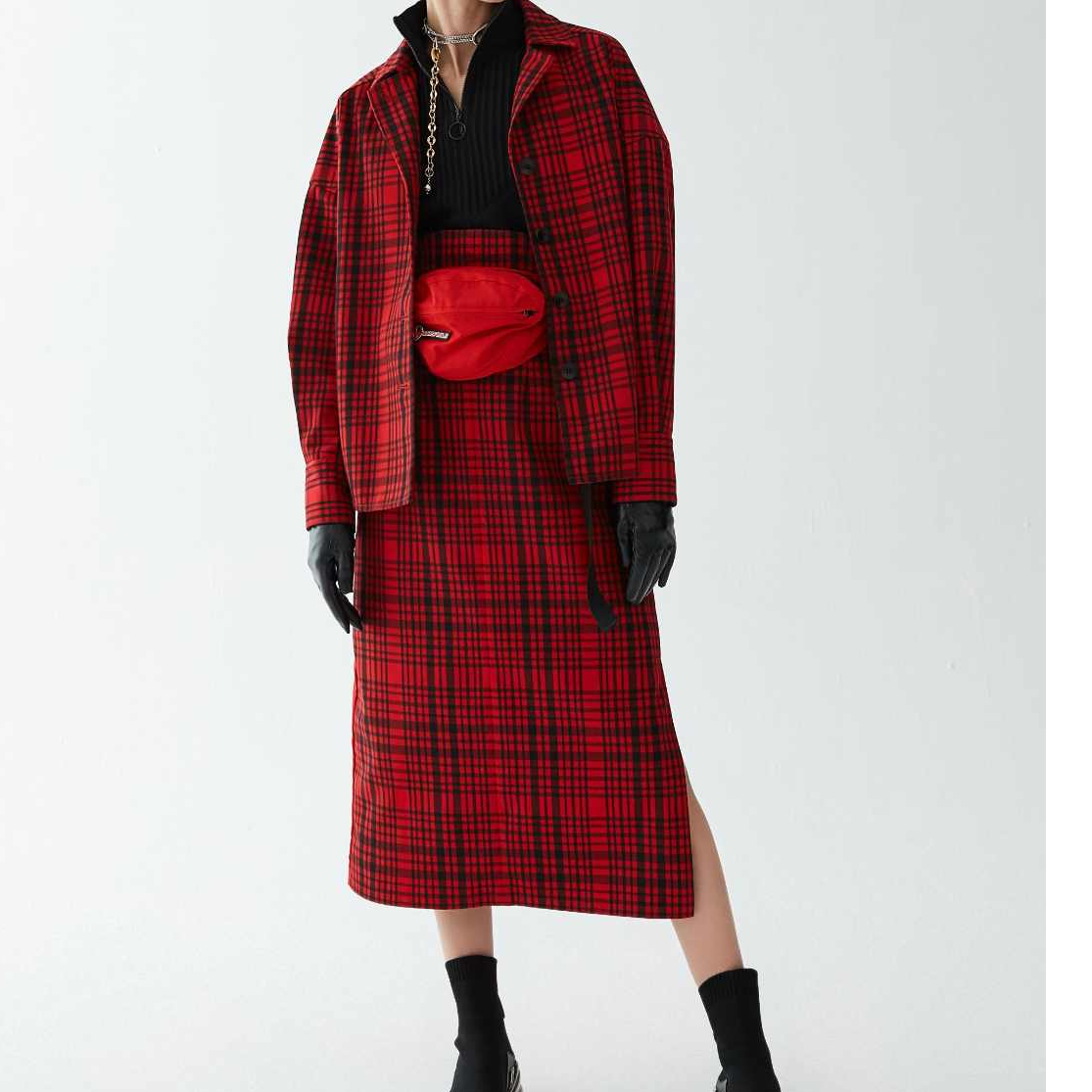 玛丝菲尔夏季通勤复古半身裙腰带中裙高腰女款半裙格子A1AY36932