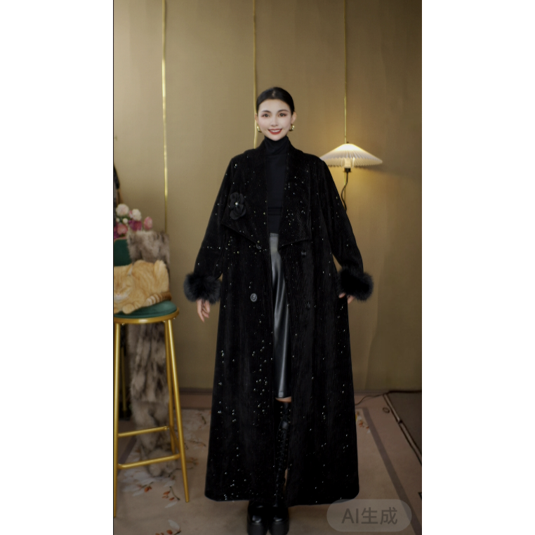 【618】灯芯绒大翻领法式宫廷风黑色大码加厚宽松型大衣