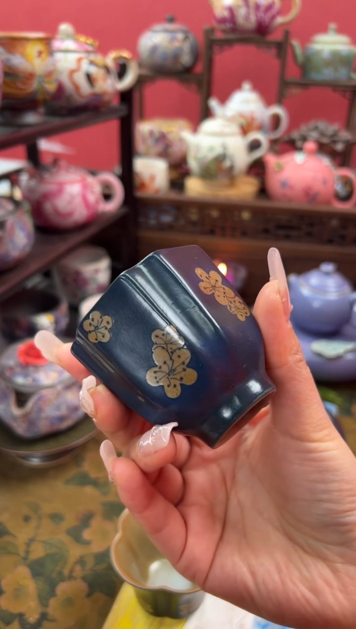 【闪购商品】仿古温暖蓝手绘梅花五方杯