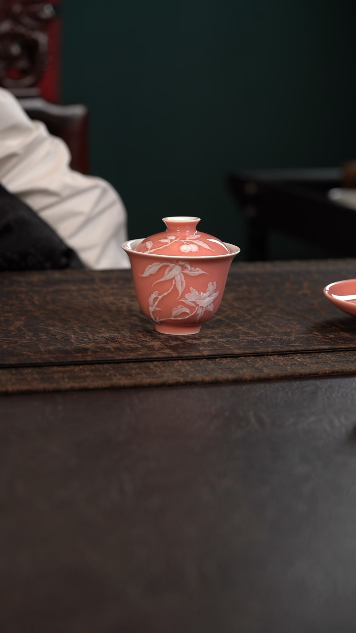 【闪购商品】杯初蓝舍桃红色茶花小盖碗