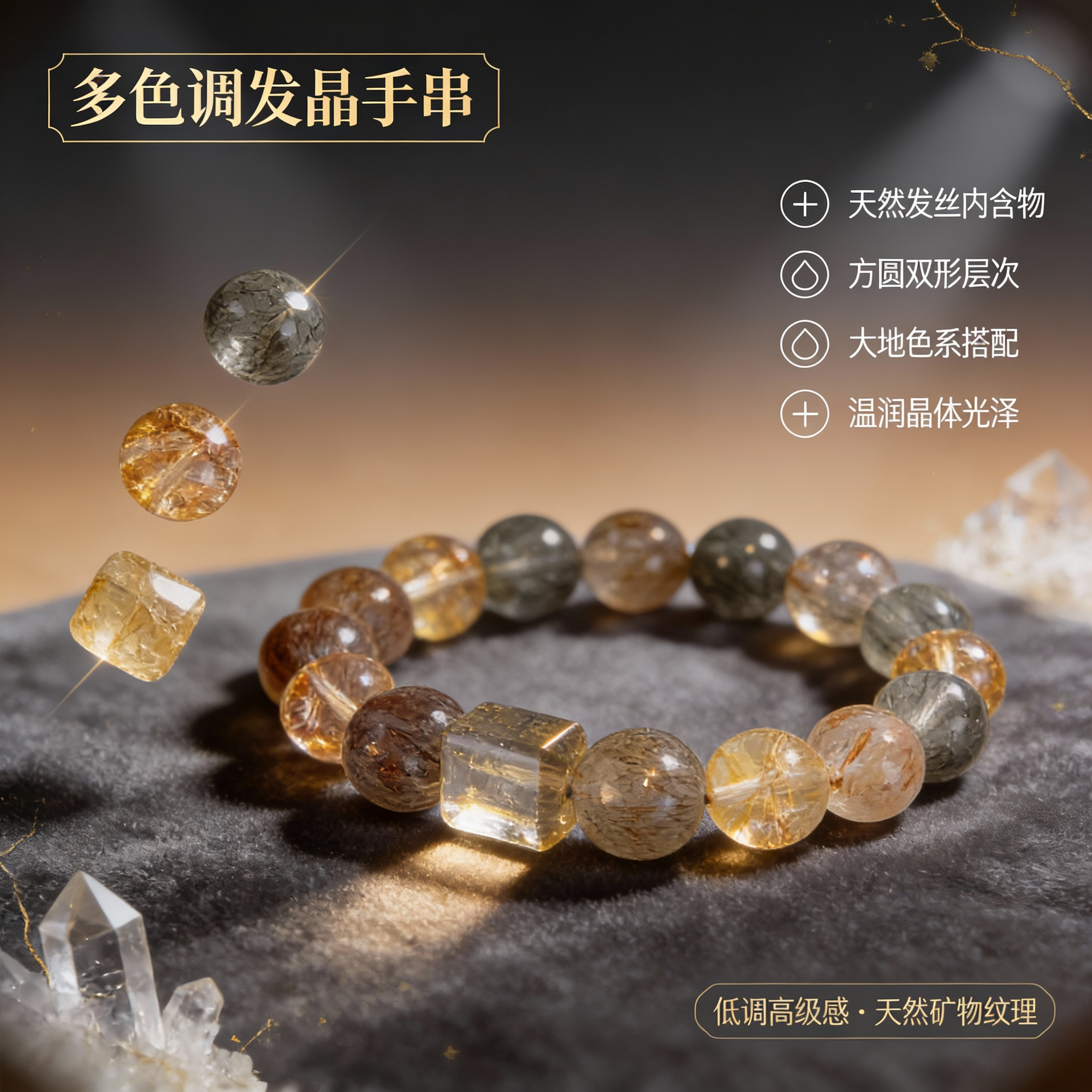 天然水晶手串【黑金超七+彩色发晶】原创设计多种百搭高品礼物