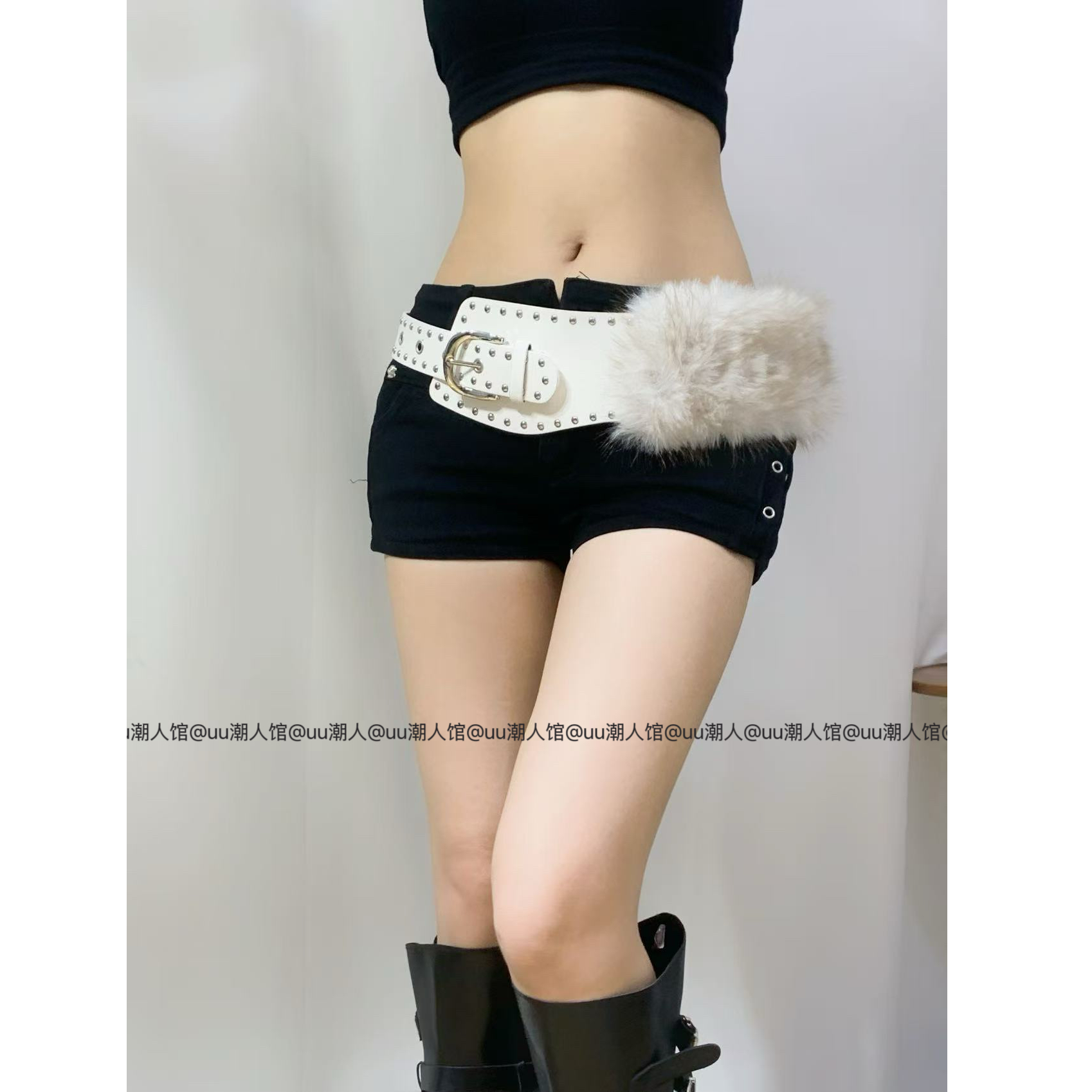 美式小众辣妹Y2K弧形小弯片套毛铆钉腰封百搭连衣裙牛仔裤腰带
