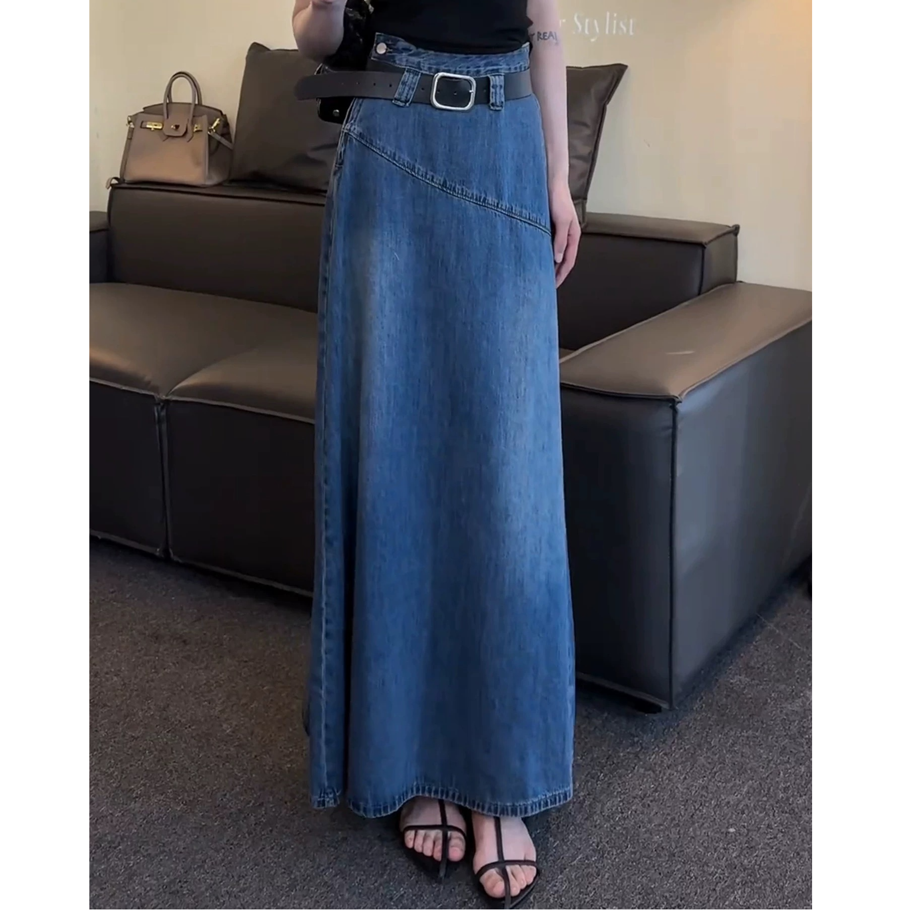 【SUSU】复古高腰遮胯藏肉显瘦A字牛仔半身长裙