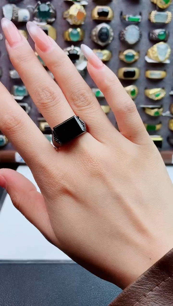 银S925镶嵌戒指翡翠天然翡翠男戒