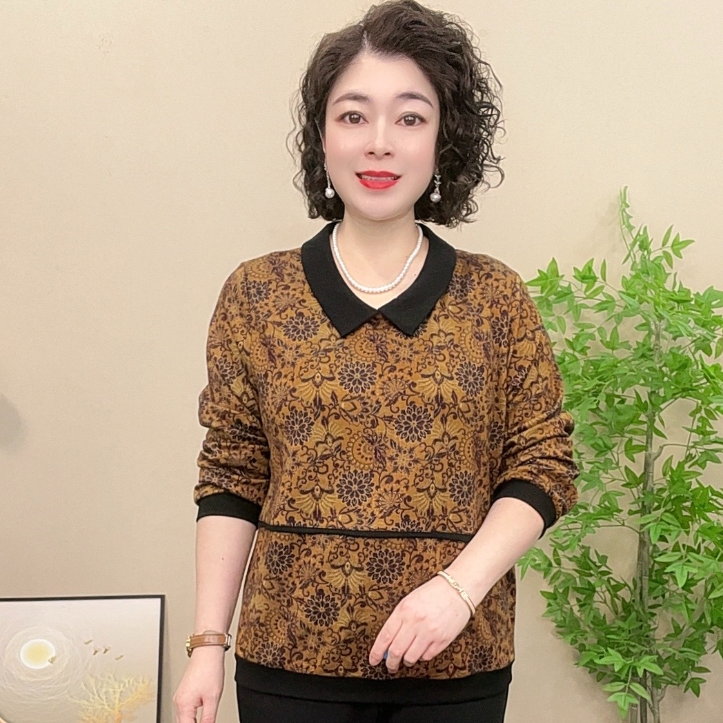 长袖妈妈装秋冬宽松翻领上衣洋气中老年女装气质显瘦时尚百搭减龄