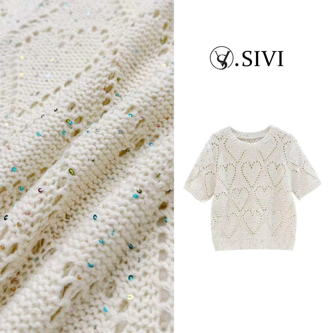 熙薇【含苞待放】2025春新款时尚气质镂空套头短袖毛衣H1117