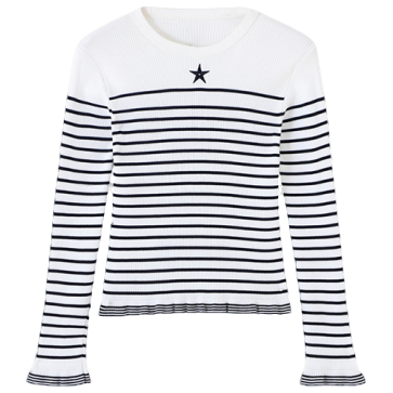 Q夏季休闲套头黑白条纹圆领荷叶边针织款式T恤女-9999