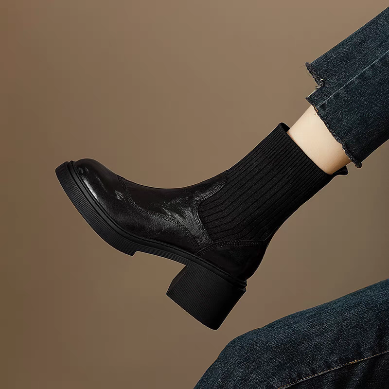 MVAV拼接粗跟圆头女新款加绒厚底针织弹力短靴XS606-1