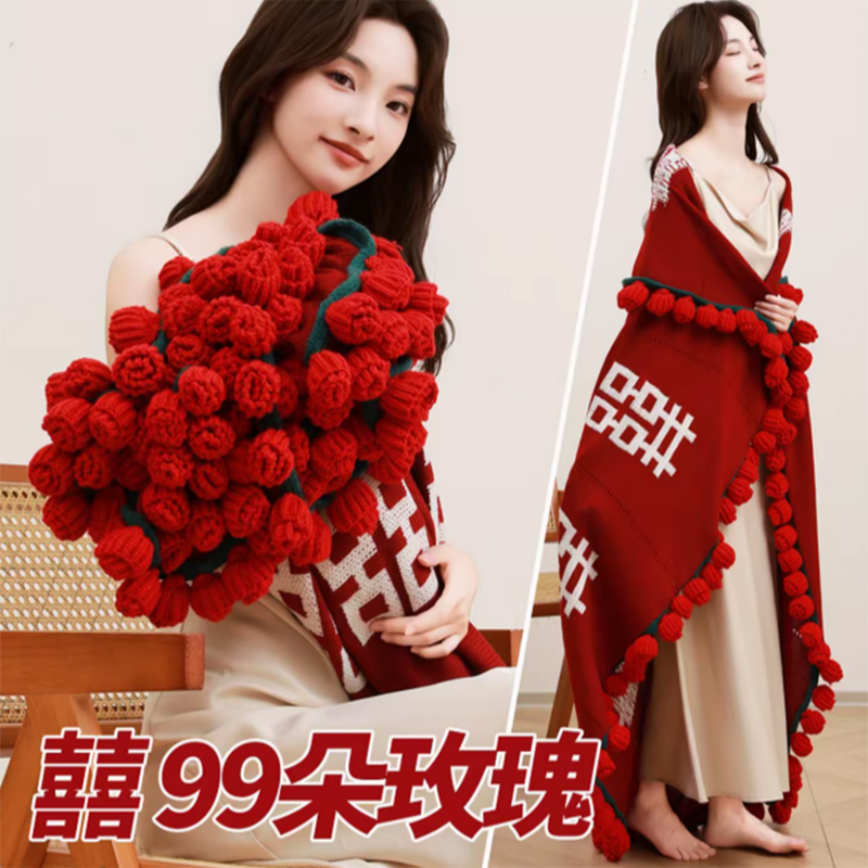 成品订婚结婚情人节七夕礼物牛奶棉毛线针织玫瑰花束毯子钩织手工