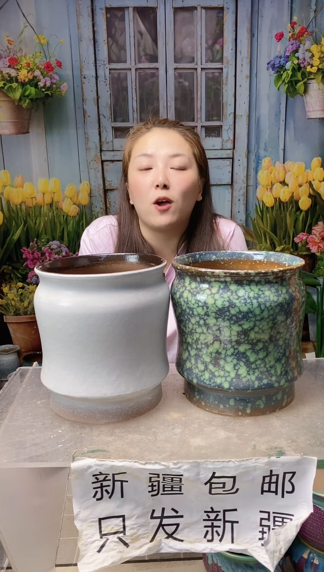 013 白绿直口陶盆两个装  口20高21