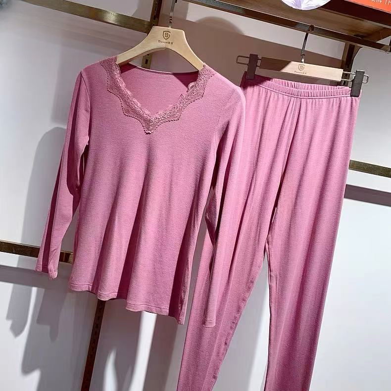 女士秋冬秋衣加绒保暖套装莫代尔女款V领美体