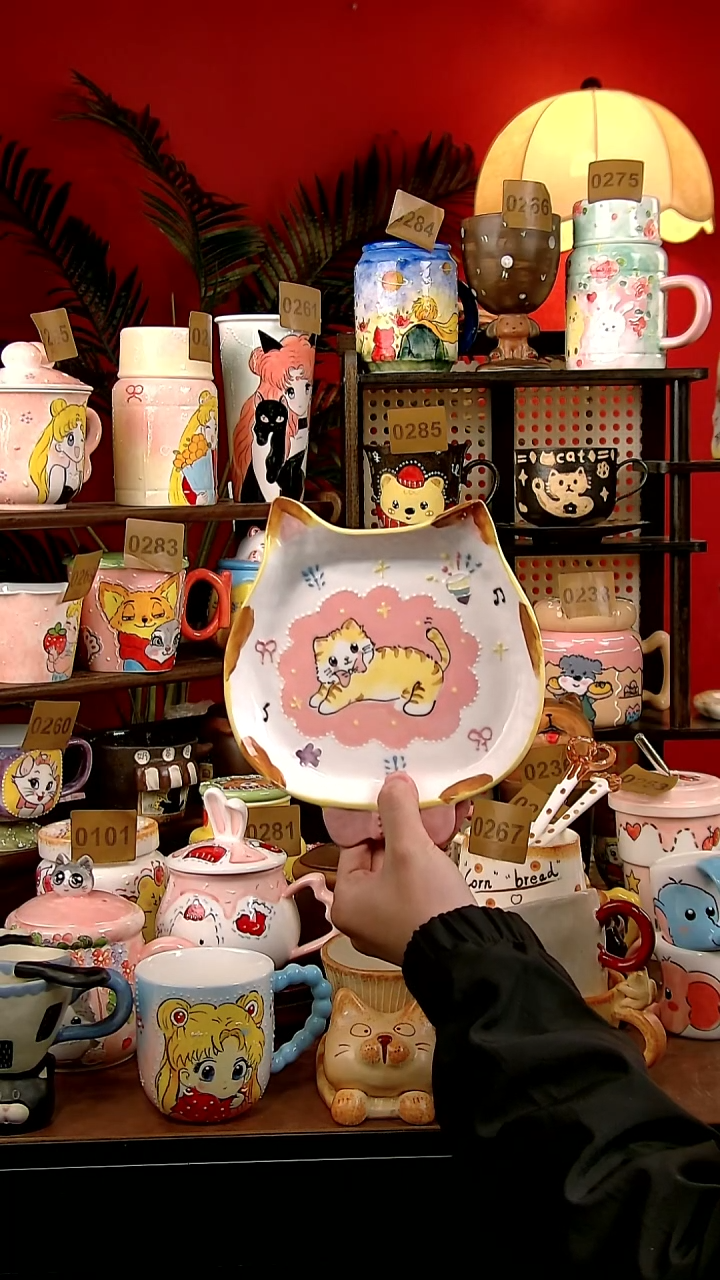 盘瓷l***yDIY景德镇创意手工陶瓷卡通风猫猫盘