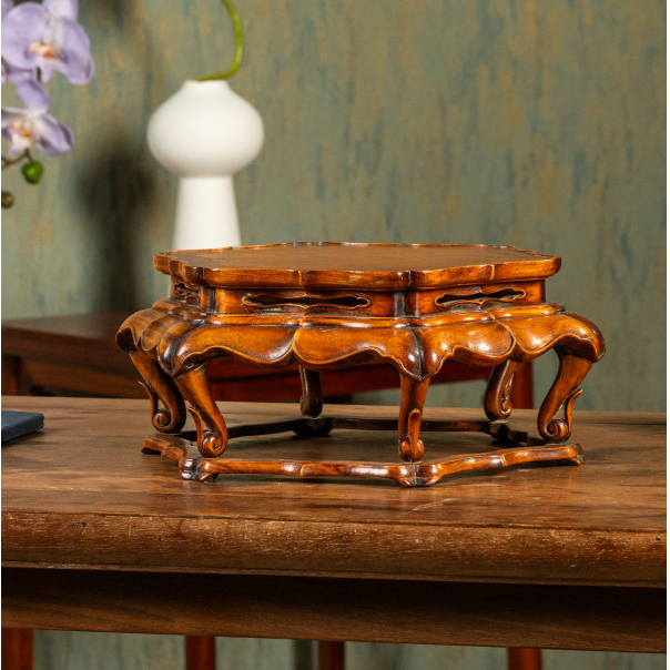 清代 黄花梨束腰三弯腿海棠带托泥六角葵口器座古董收藏海南底座