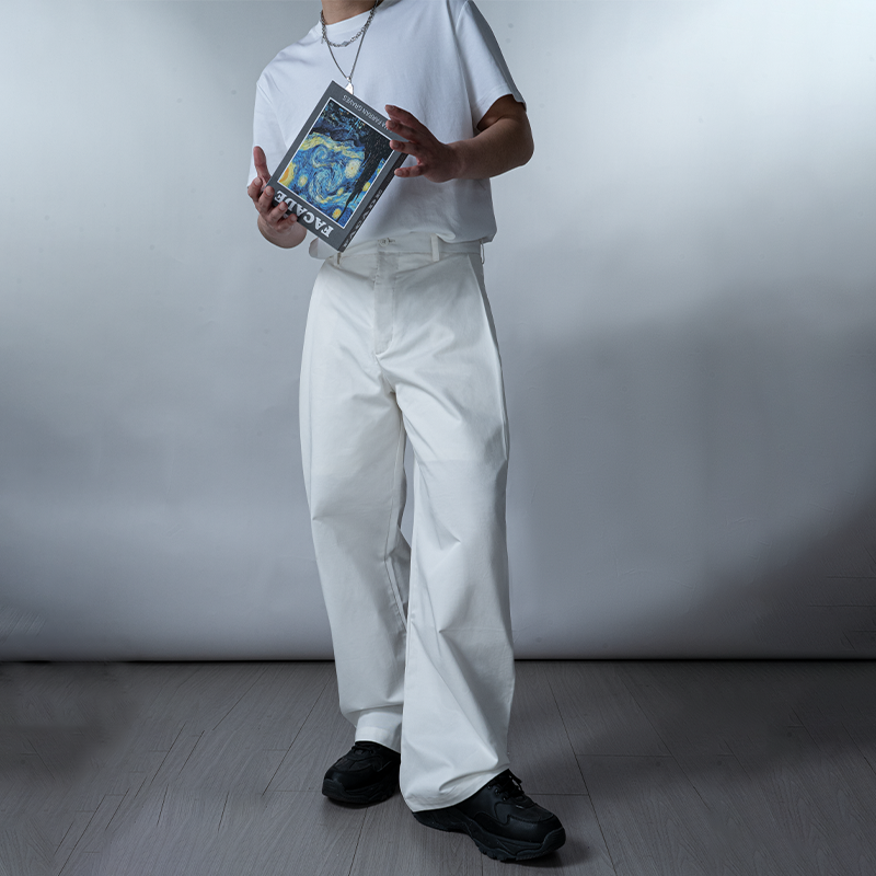 25ss全棉斜纹微阔褶裥宽松直筒休闲裤男士休闲裤白色阔腿裤夏季