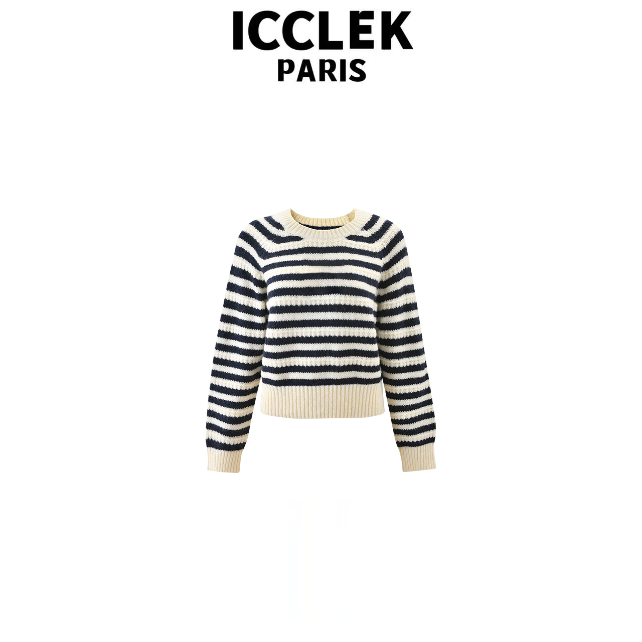 ICCLEK 圆领条纹刺绣针织衫长袖气质轻奢名媛显瘦百搭通勤 - 4011