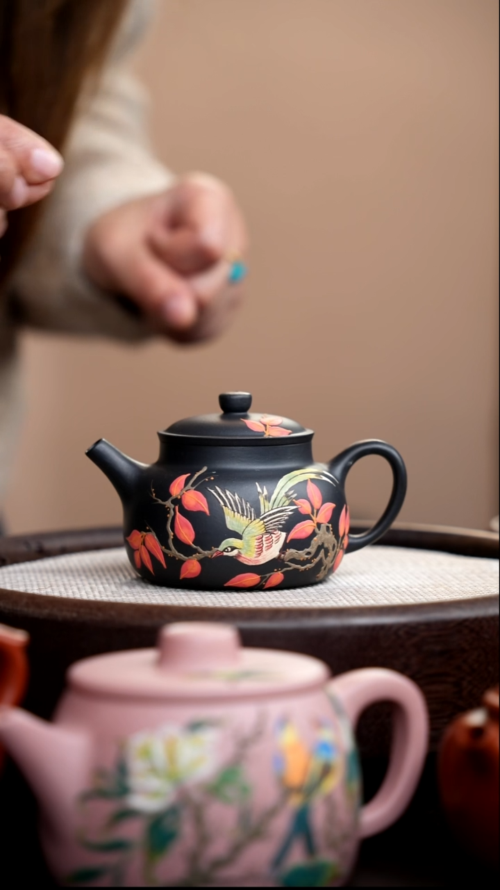 茶壶紫砂云雾天青德钟泥绘飞鸟