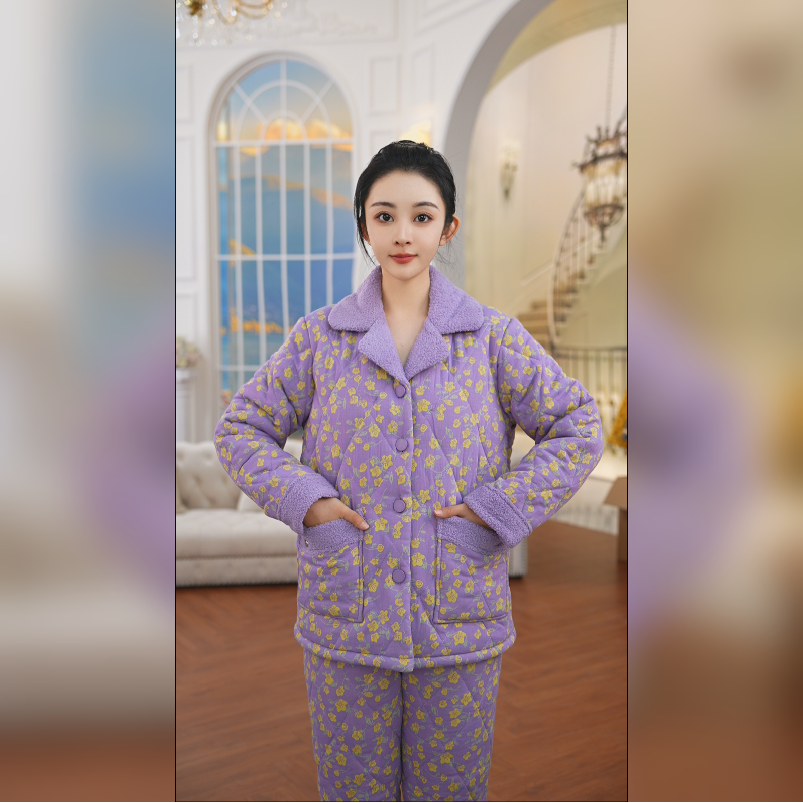 秋鹿梭织色织夹棉小碎花田园气质国民领女套保暖家居服