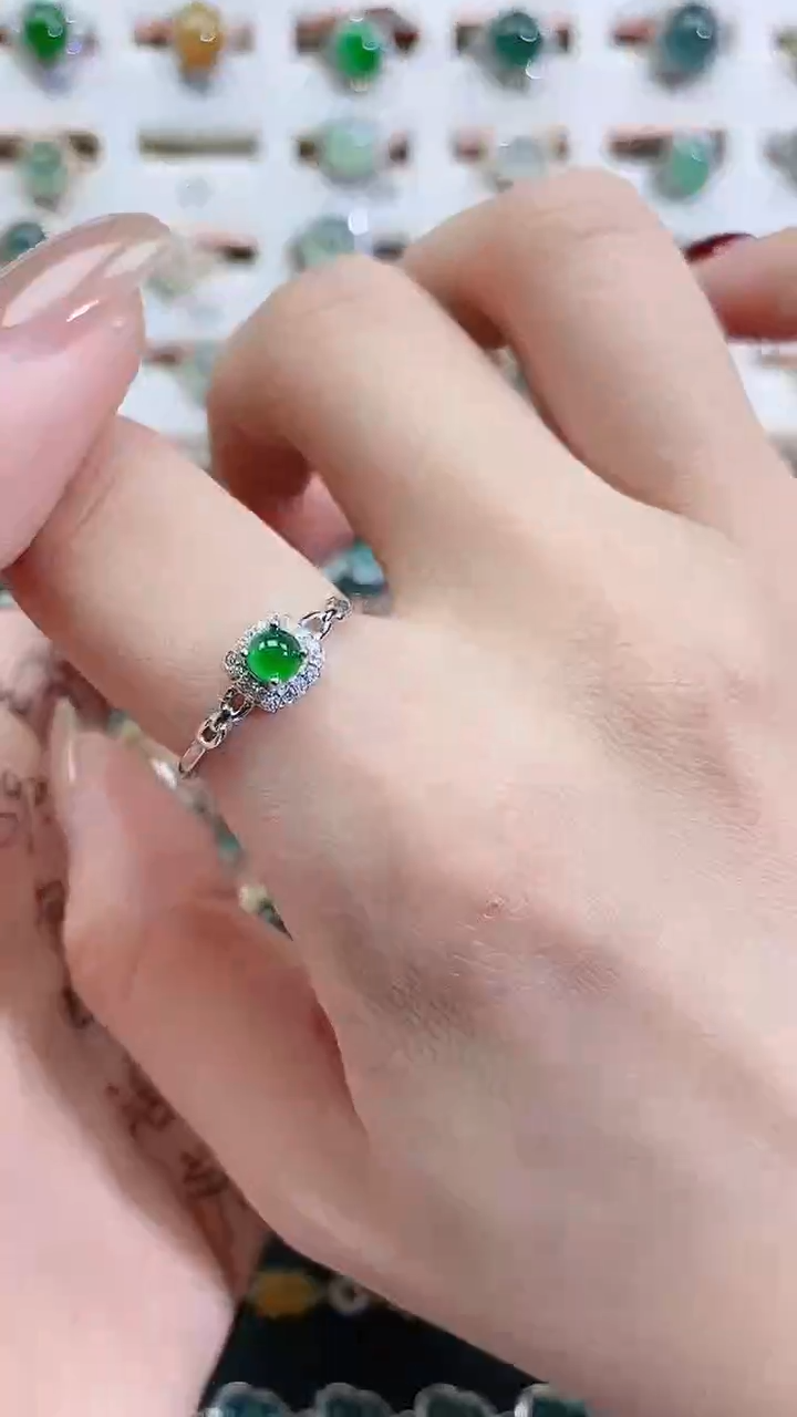 银S925镶嵌戒指翡翠 天然翡翠