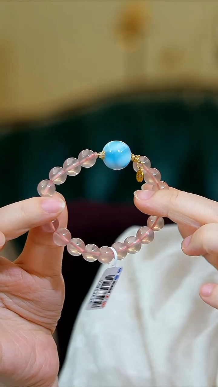 【闪购商品】水晶手链18K金镶嵌粉晶海纹石18k单圈手链