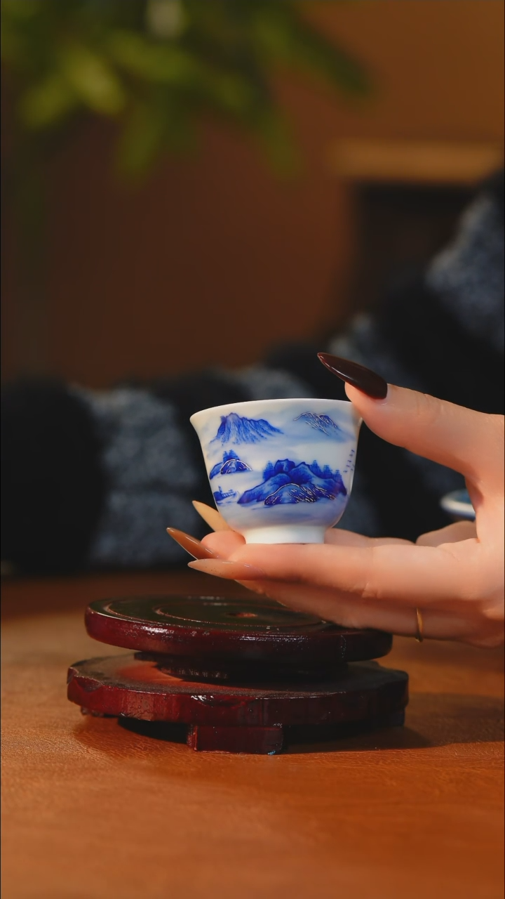 描银青花山水闻香小杯