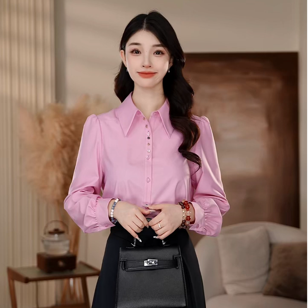 曼贝衬衫女长袖克时尚粉石子扣通勤上衣显瘦衬衣8593453A【珮珮】