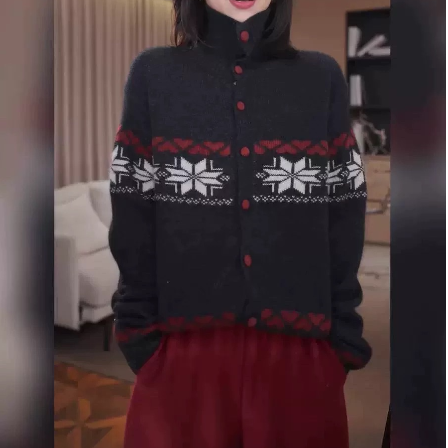 【运费补贴】红扣子女单排扣北欧风立领毛衣针织衫开衫显瘦外套