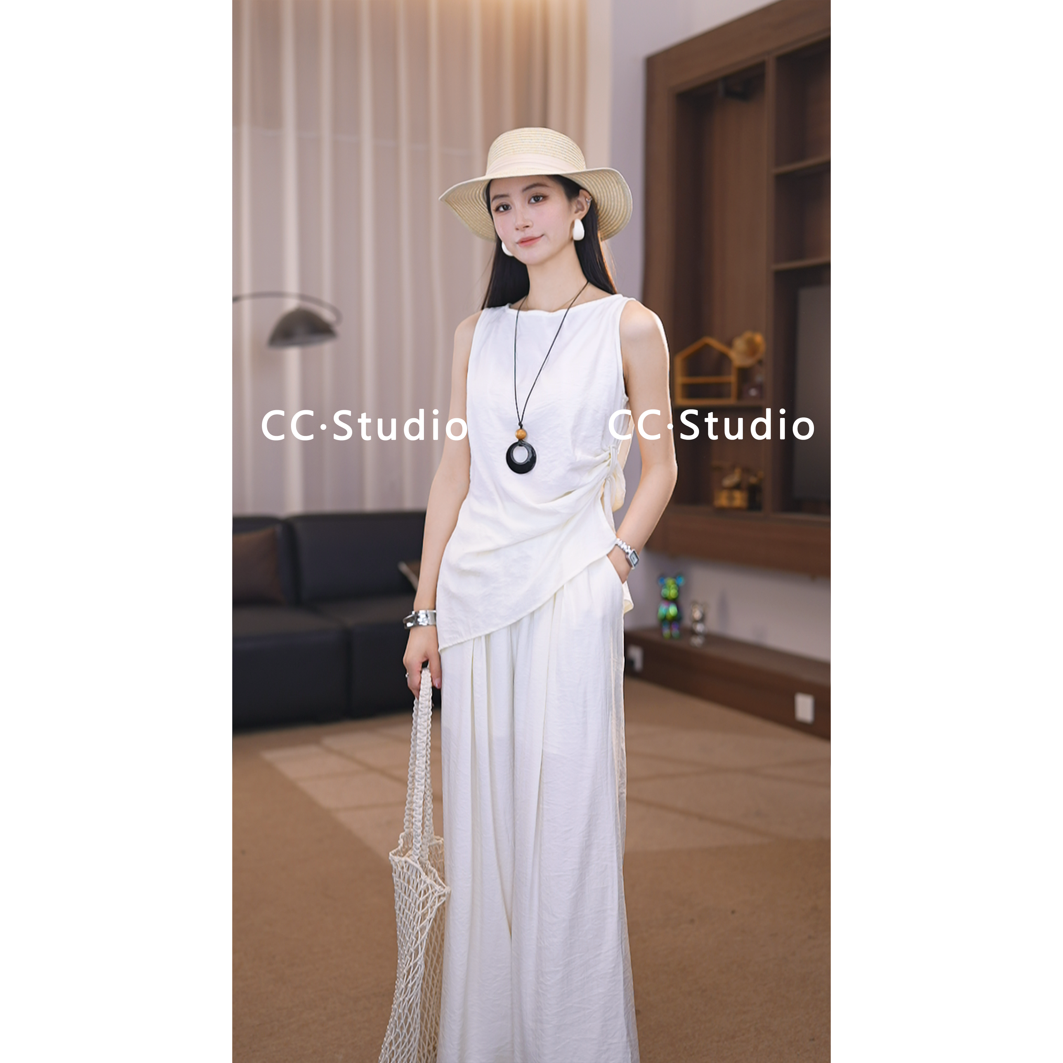 2025韩版气质两件套女无袖上衣+直筒裤套装女两件套