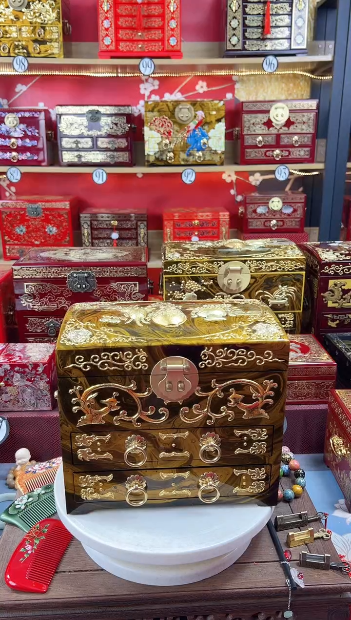 【闪购商品】24厘米四层双抽中式传统贴金堆鼓铜扣平安