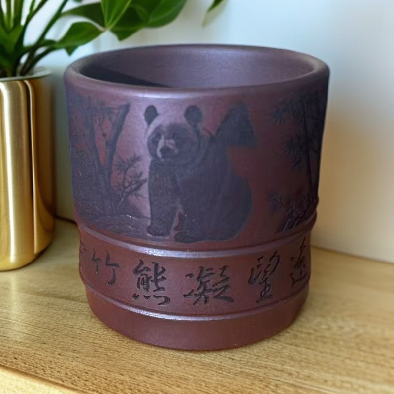 熊猫双线紫砂主人杯