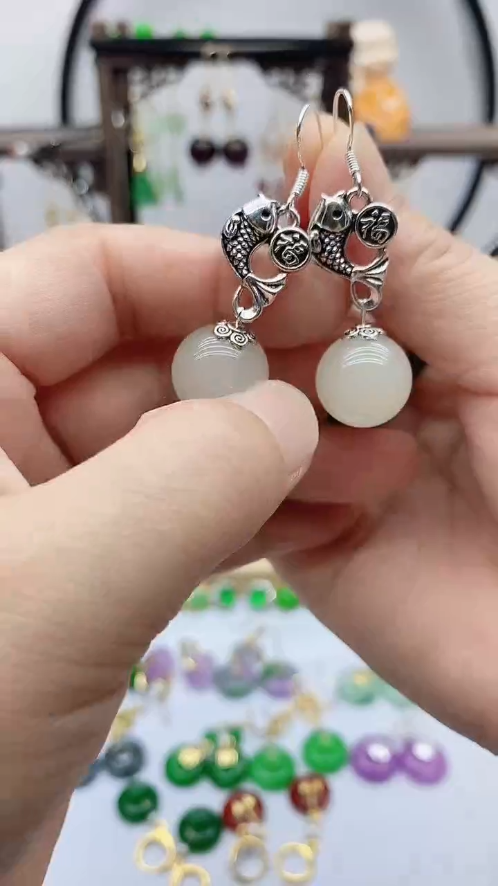 和田玉银S925镶嵌耳饰131