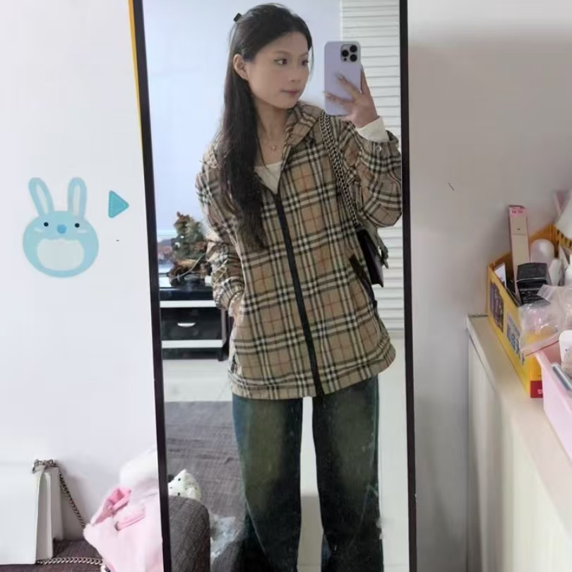 99新 BURBERRY/博柏利 H13487 棕色格纹拉链长袖夹克外套 38 S