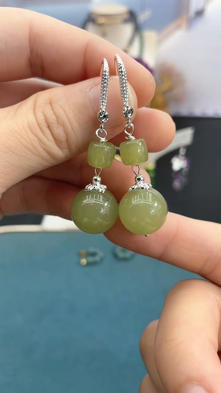 银S925镶嵌和田玉耳饰14mm晴水双珠耳钩*Y2