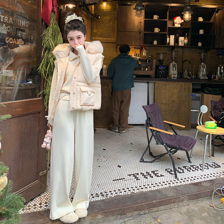 渔小平原创【花边绒绒裤】休闲百搭宽松加厚高腰显瘦阔腿裤加绒保暖