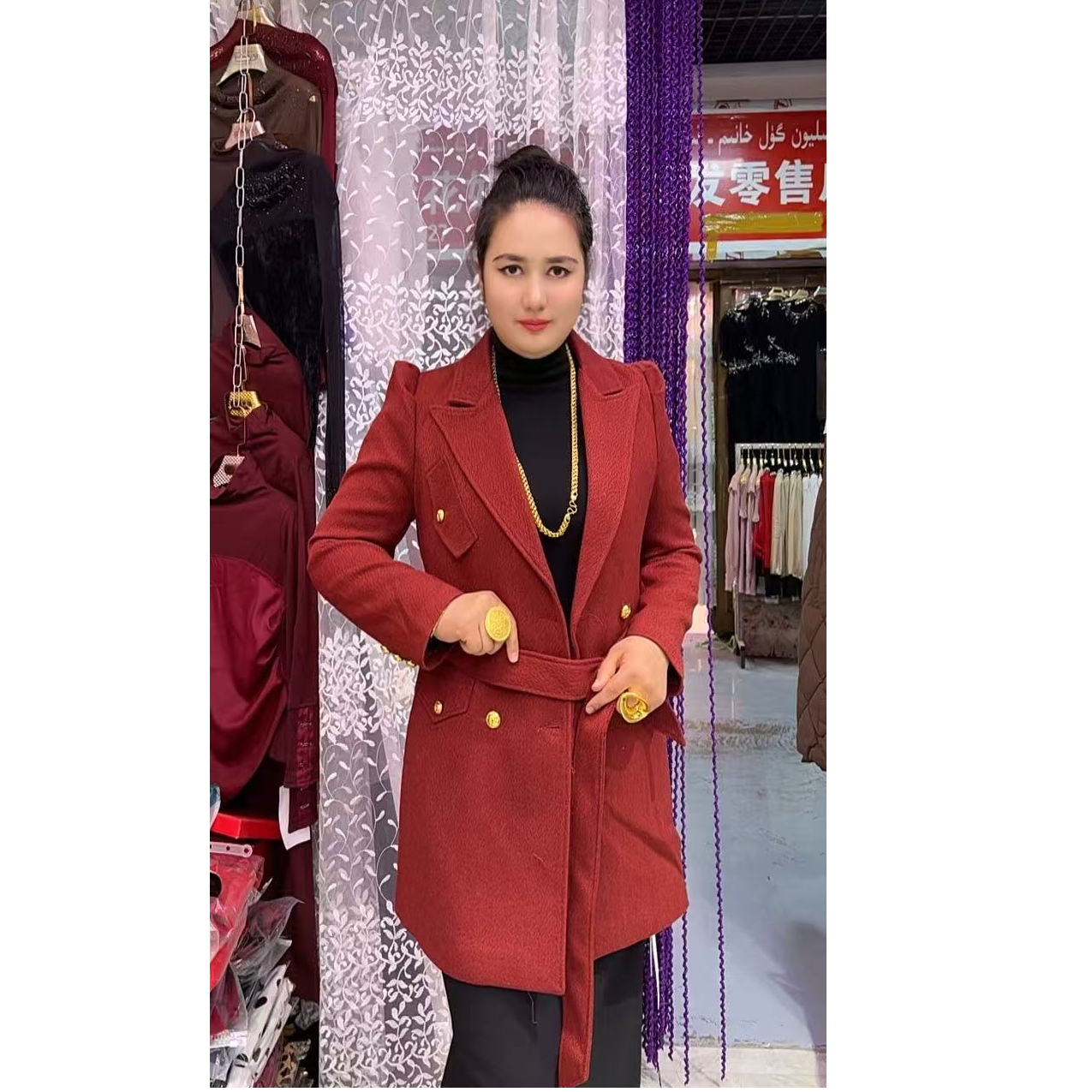 红色双排扣中长款修身西装外套女秋冬2025新款高级感气质女士西服