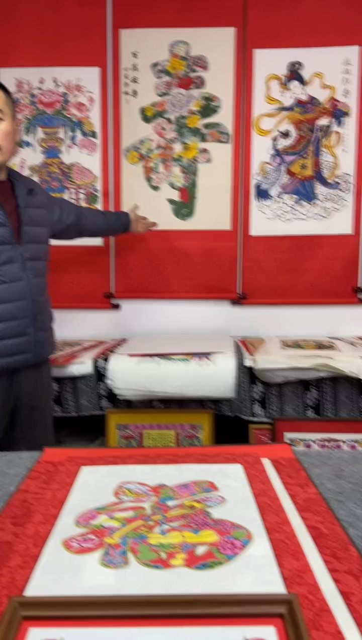 百花献寿精裱红卷轴手工制作精品