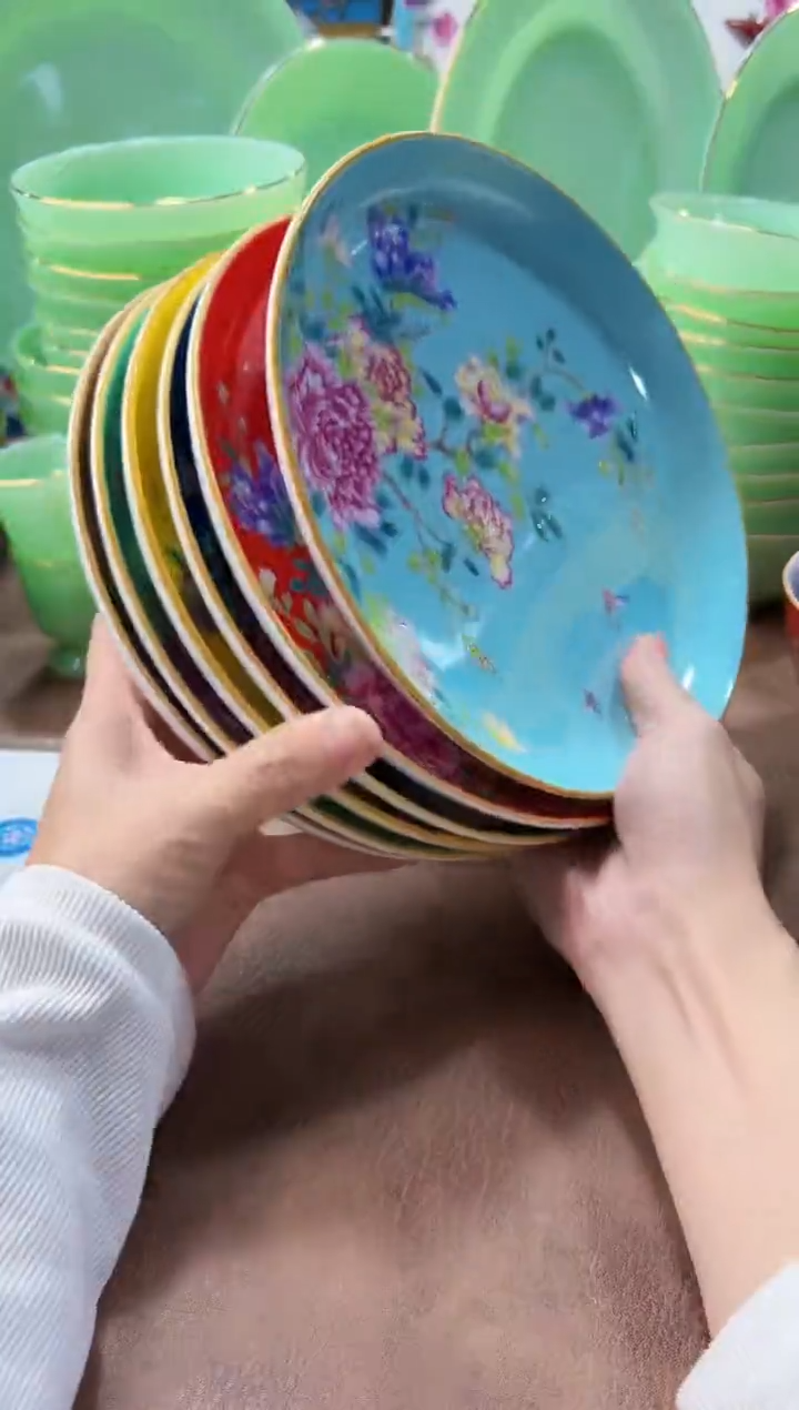 珐琅8英寸满花深盘6个景德镇陶瓷