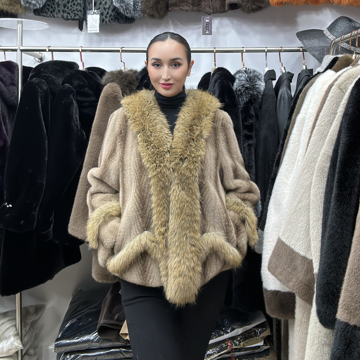 人造皮草 V领卡其色街头风环保皮草