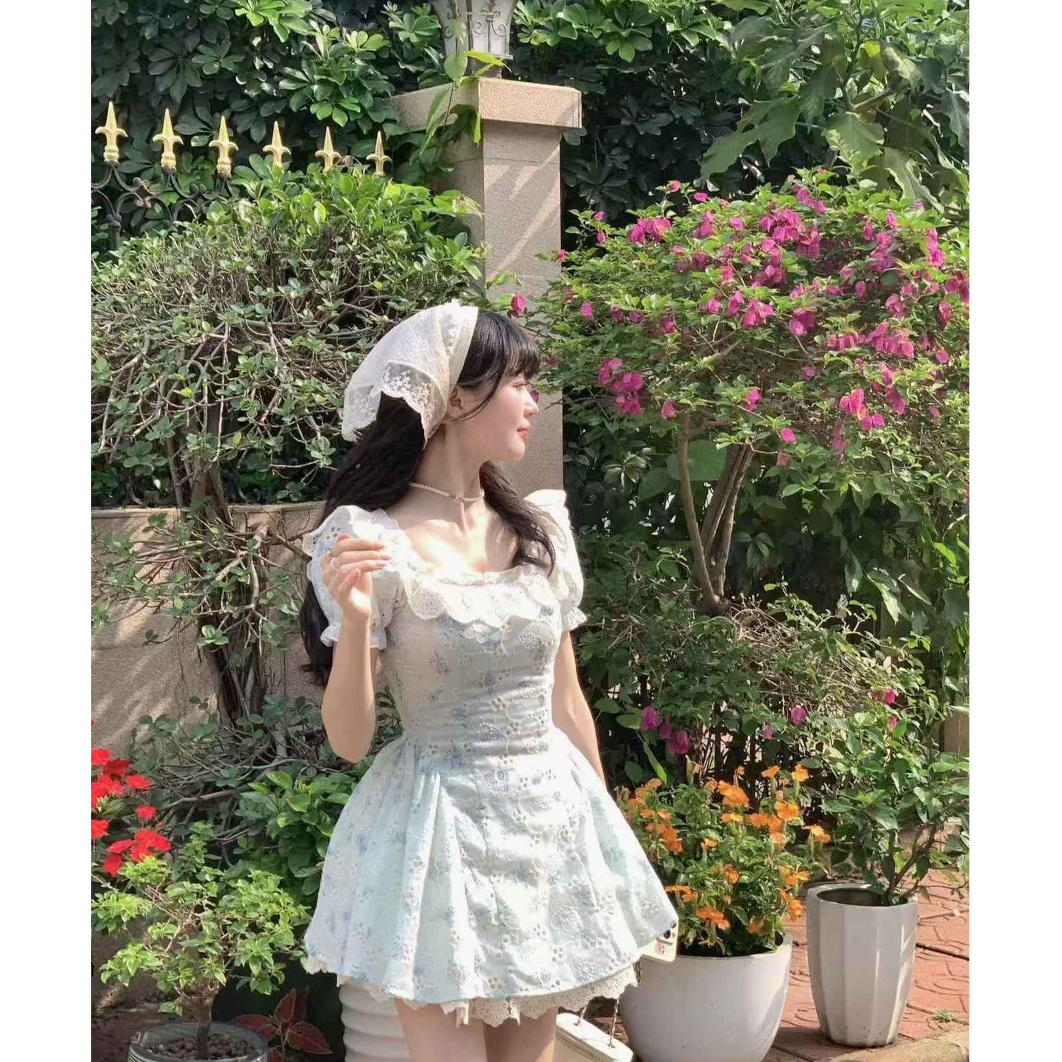 【QIANJIN】‘夏日苍兰’夏度假法式显瘦收腰泡泡袖连衣裙QL86127