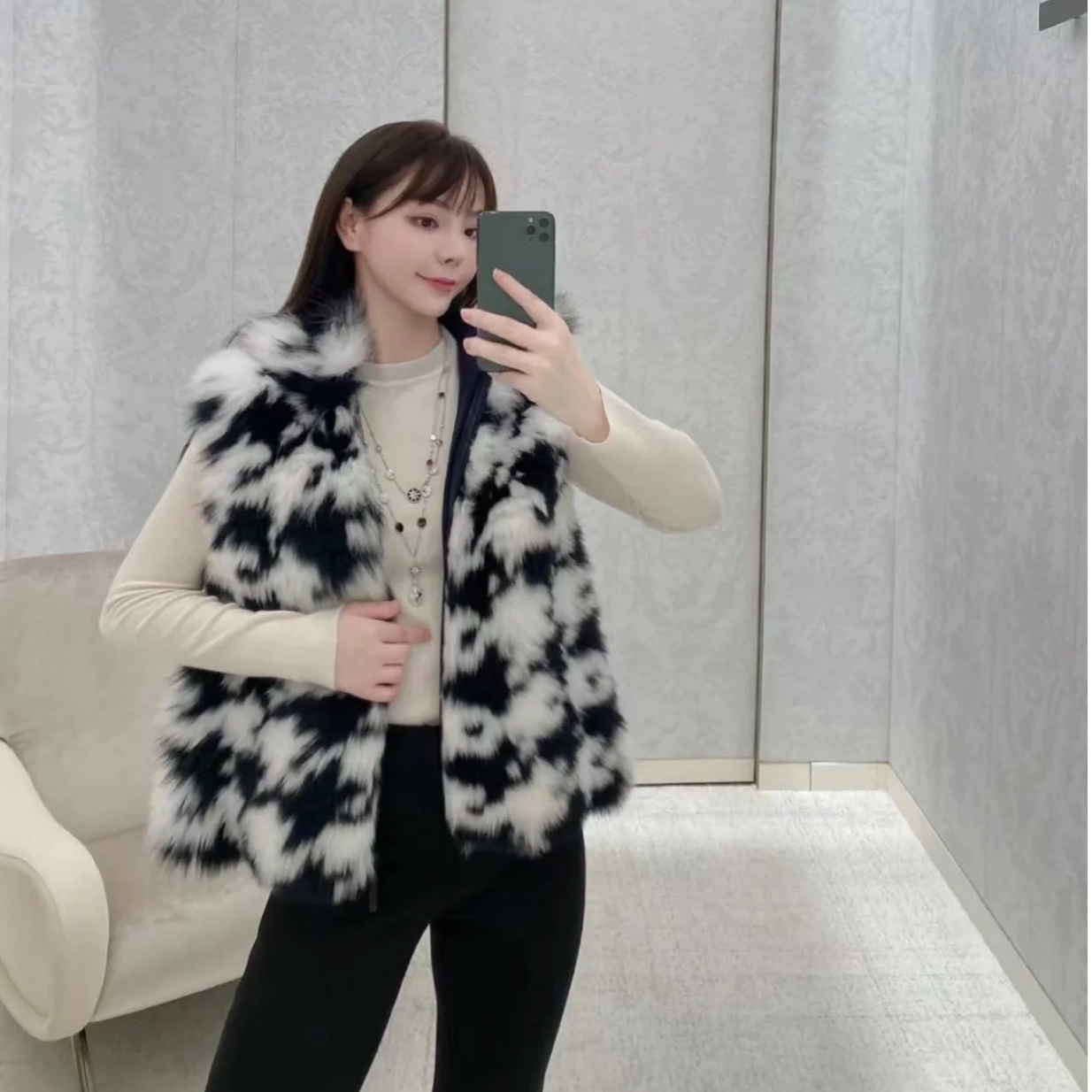 99新 DIOR/迪奥 积分-388汤/P205437559/黑白千鸟格皮草背心